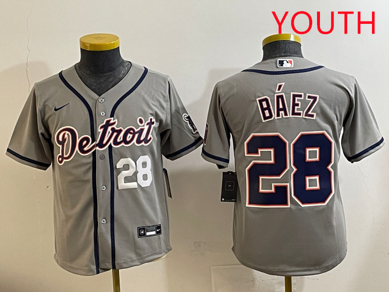 Youth 2025 Detroit Tigers #28 Baez grey Nike MLB jersey style 4->youth mlb jersey->Youth Jersey